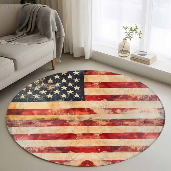 Independence Day Washable Round Area Rug 3 ft, Retro Country American Flag, Soft Non Slip Rugs Stain Repellent Indoor Felt Carpet for Living Dining Room Bedroom Home Office