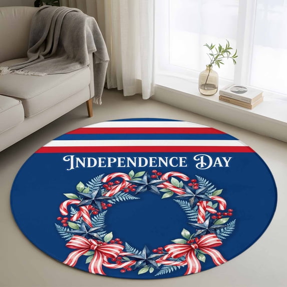 Independence Day Washable Round Area Rug 3 ft, U. S. Flag Candy Cane Blue Fern Bow Wreath Stripes, Soft Non Slip Rugs Stain Repellent Indoor Felt Carpet for Living Dining Room Bedroom Home Office