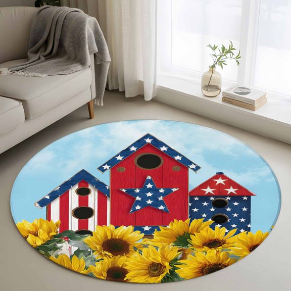 Independence Day Washable Round Area Rug 3 ft, U.S. Flag Themed Red Farmhouse Sunflower, Soft Non Slip Rugs Stain Repellent Indoor Felt Carpet for Living Dining Room Bedroom Home Office
