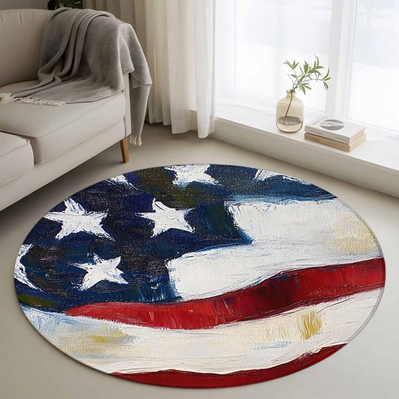 Independence Day Washable Round Area Rug 3 ft, United States Flag, Soft Non Slip Rugs Stain Repellent Indoor Felt Carpet for Living Dining Room Bedroom Home Office