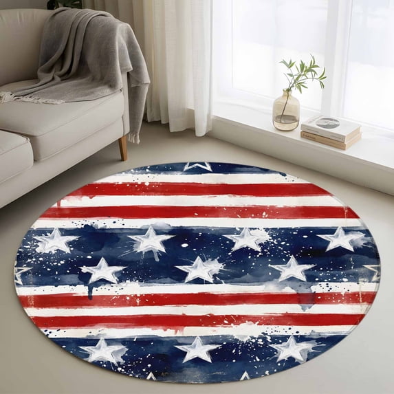 Independence Day Washable Round Area Rug 3 ft, Watercolor Gradient American Flag Red Blue Splash Style, Soft Non Slip Rugs Stain Proof Indoor Felt Carpet for Living Dining Room Bedroom Home Office