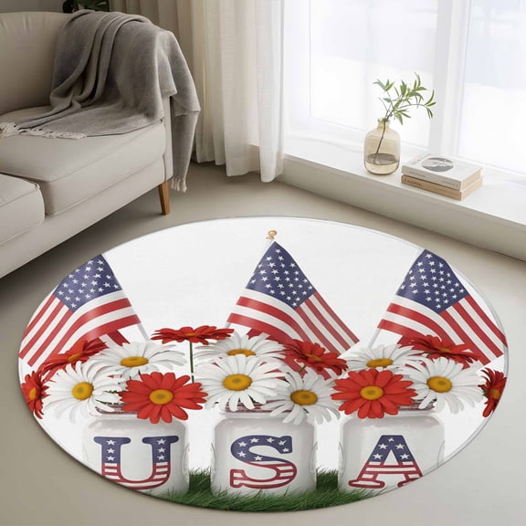 Independence Day Washable Round Area Rug 4 ft, Five-Pointed Star U.S. Flag Themed Floral, Soft Non Slip Rugs Stain Repellent Indoor Felt Carpet for Living Dining Room Bedroom Home Office