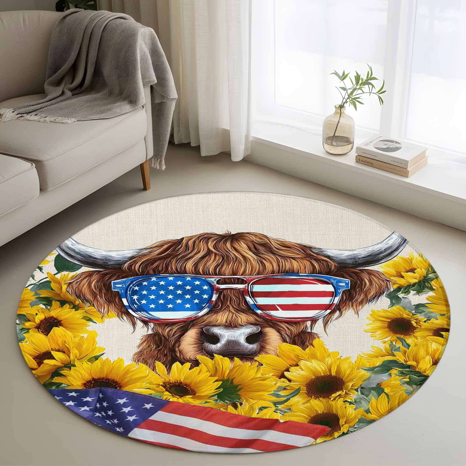 Independence Day Washable Round Area Rug 4 ft, U.S. Flag Themed Farm ...