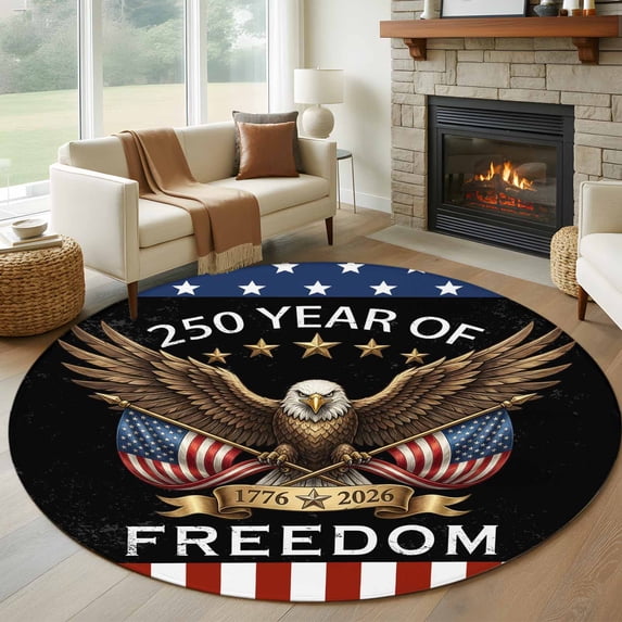 Independence Day Washable Round Area Rug 6 ft, American 250 Years of Freedom Bald Eagle, Soft Non Slip Rugs Stain Repellent Indoor Felt Carpet for Living Dining Room Bedroom Home Office