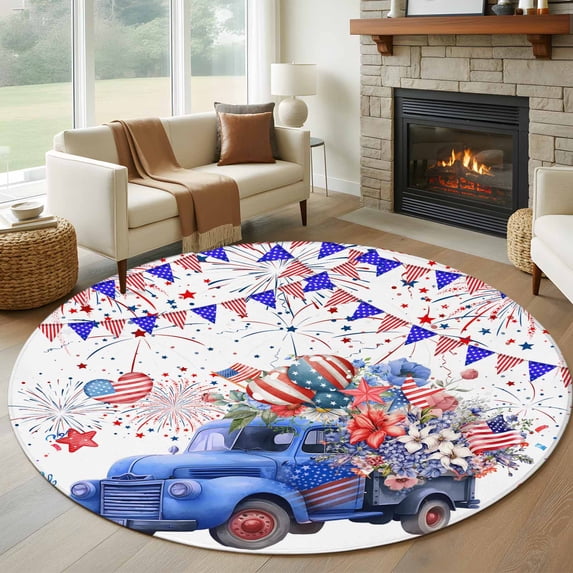 Independence Day Washable Round Area Rug 6 ft, Blue Truck USA Flag, Soft Non Slip Rugs Stain Repellent Indoor Felt Carpet for Living Dining Room Bedroom Home Office