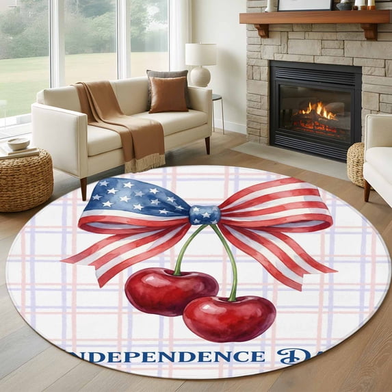Independence Day Washable Round Area Rug 6 ft, Red Blue American Flag Bow Cherry Pink Purple Plaid, Soft Non Slip Rugs Stain Repellent Indoor Felt Carpet for Living Dining Room Bedroom Home Office