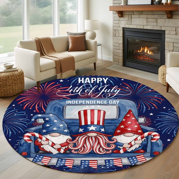Independence Day Washable Round Area Rug 6 ft, Watercolor Blue Truck Cute Gnome Firework, Soft Non Slip Rugs Stain Repellent Indoor Felt Carpet for Living Dining Room Bedroom Home Office