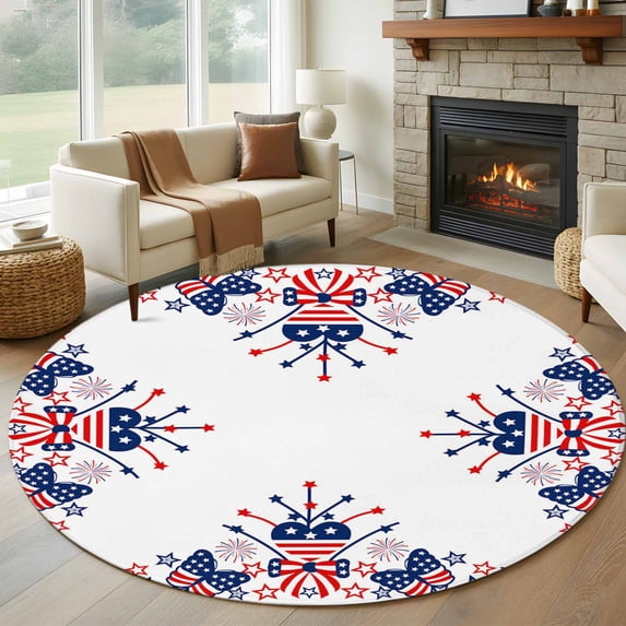 Independence Day Washable Round Area Rug 7 ft, American Flag Farmhouse, Soft Non Slip Rugs Stain Repellent Indoor Felt Carpet for Living Dining Room Bedroom Home Office