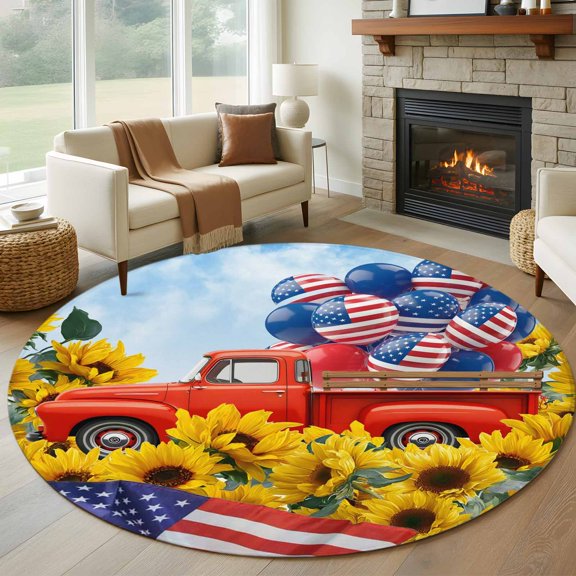 Independence Day Washable Round Area Rug 7 ft, U.S. Flag Bubble Red Truck Sunflower, Soft Non Slip Rugs Stain Repellent Indoor Felt Carpet for Living Dining Room Bedroom Home Office