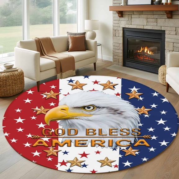 Independence Day Washable Round Area Rug 7 ft, U.S. Flag Themed Bald Eagle Five-Pointed Star, Soft Non Slip Rugs Stain Repellent Indoor Felt Carpet for Living Dining Room Bedroom Home Office