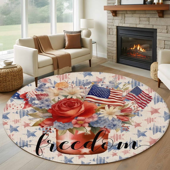Independence Day Washable Round Area Rug 7 ft, US Flag Watercolor Flower Stars Linen, Soft Non Slip Rugs Stain Repellent Indoor Felt Carpet for Living Dining Room Bedroom Home Office