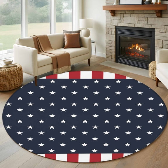 Independence Day Washable Round Area Rug 8 ft, American Flag Pentagram Patriot, Soft Non Slip Rugs Stain Repellent Indoor Felt Carpet for Living Dining Room Bedroom Home Office