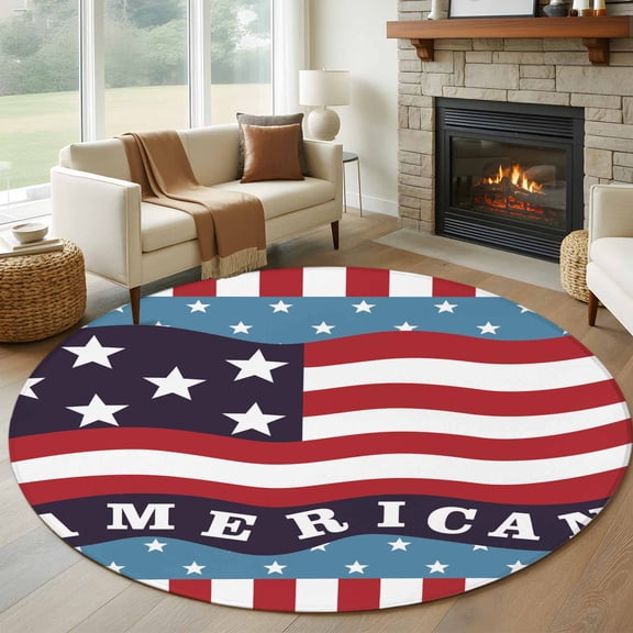 Independence Day Washable Round Area Rug 8 ft, The Flag of USA, Soft Non Slip Rugs Stain Repellent Indoor Felt Carpet for Living Dining Room Bedroom Home Office