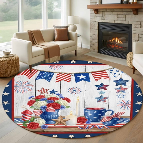 Independence Day Washable Round Area Rug 8 ft, Retro Red Blue USA Flag Floral Star Wood Grain, Soft Non Slip Rugs Stain Repellent Indoor Felt Carpet for Living Dining Room Bedroom Home Office