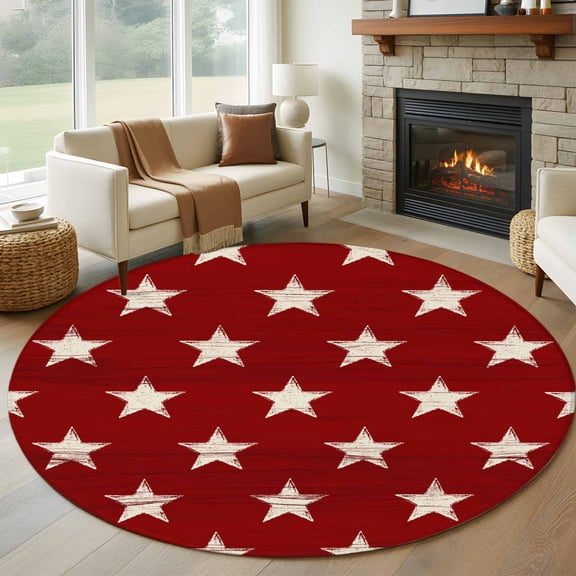 Independence Day Washable Round Area Rug 8 ft, Retro Stars 4th of July, Soft Non Slip Rugs Stain Repellent Indoor Felt Carpet for Living Dining Room Bedroom Home Office