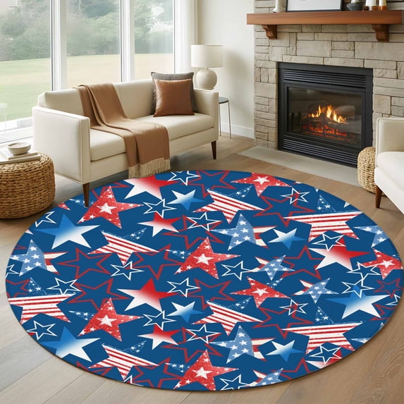 Independence Day Washable Round Area Rug 8 ft, USA Flag Stars Gradient Dark Blue Background, Soft Non Slip Rugs Stain Repellent Indoor Felt Carpet for Living Dining Room Bedroom Home Office