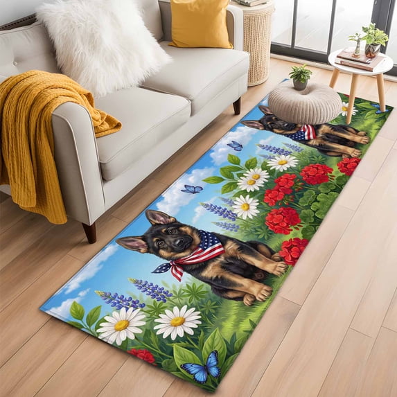 Independence Day Washable Runner Rugs 2'x6', American Flag Cute Dog Puppy Colorful Flowers Low Pile Throw Entryway Rug Non-Slip Sturdy Edge Binding Carpet for Indoor Bedside Entrance Bedside