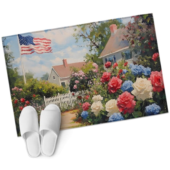 Independence Day Washable Small Entryway Area Rugs 2'x3', Cottage Garden Path Fence Farmhouse Low Pile Throw Rug Non-Slip Sturdy Edge Binding Carpet for Front Door Floor Room Entry