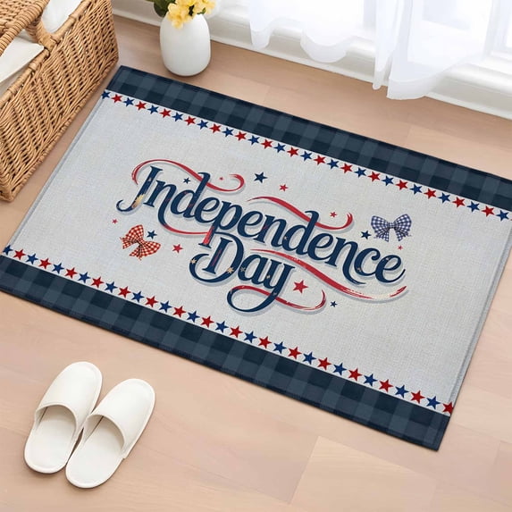 Independence Day Washable Small Entryway Area Rugs 2'x3', Orange Blue Plaid Bow Red Star Vintage Linen Low Pile Throw Rug Non-Slip Sturdy Edge Binding Carpet for Front Door Floor Room Entry