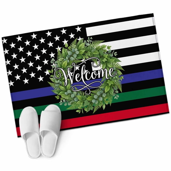 Independence Day Washable Small Entryway Area Rugs 2'x3', US Flag Day Patriotic Weclome Wreath Red Black Stripes Low Pile Throw Rug Non-Slip Sturdy Edge Binding Carpet for Front Door Floor Room Entry