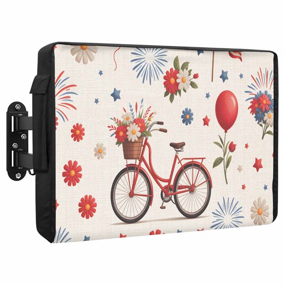 Independence Day Waterproof Outdoor TV Cover, Red Blue Bicycle Flower Flag Balloons Linen Outside Weatherproof TV Enclosures for 30 to 32 Inch LCD Television Shield Flat Screen Protectors