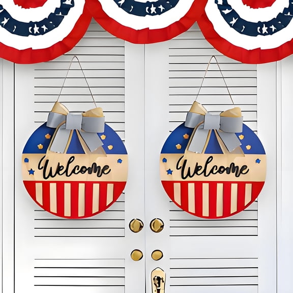 Independence Day Welcome Doorplate Round Hanging Sign Regular Style A, Featuring Patriotic Star Patterns Striped Elements And Decorative Bow Accent, Ideal For Front Door Porch