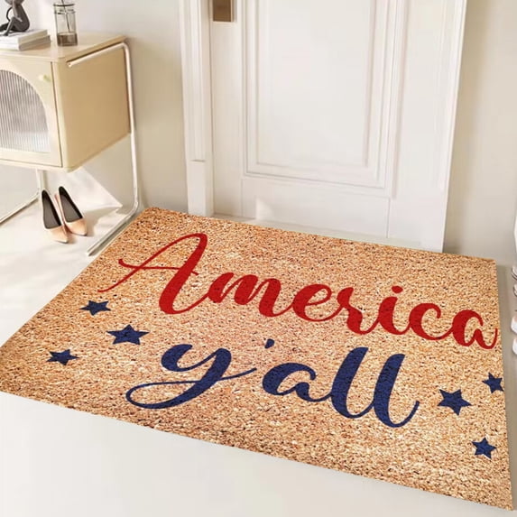 Independence Day Welcome Mat - 40x60cm Polyester Doormat with Patriotic Letters, Non-Slip Backing, for Entryway, Bathroom, or Kitchen