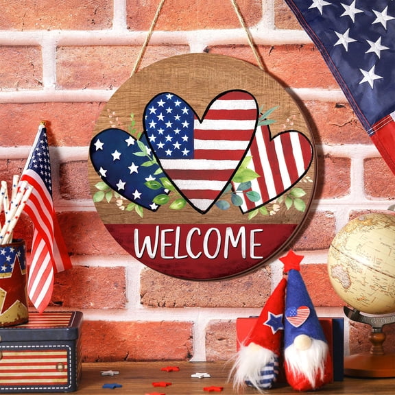 Independence Day Welcome Sign Wooden Doorplate, Patriotic Memorial Day 4th of July Decorations Hanging Sign for Front Door Home Entryway National Holiday Home Festive Decoration Ornament