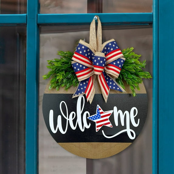 Independence Day Welcome Sign Wooden Plaque Decoration Memorial Day Round Wooden Patriotic Wreath Wall Hanging Outdoor For Front Door Porch Home Decor American Flag Themed Welcome