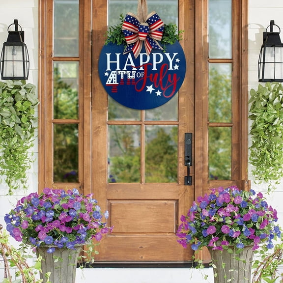 Independence Day Welcome Sign Wooden Plaque Patriotic Memorial Day 4th of July Decorations Round Wooden Patriotic Wreath Wall Hanging Outdoor Porch Home Entryway National Holiday Decor