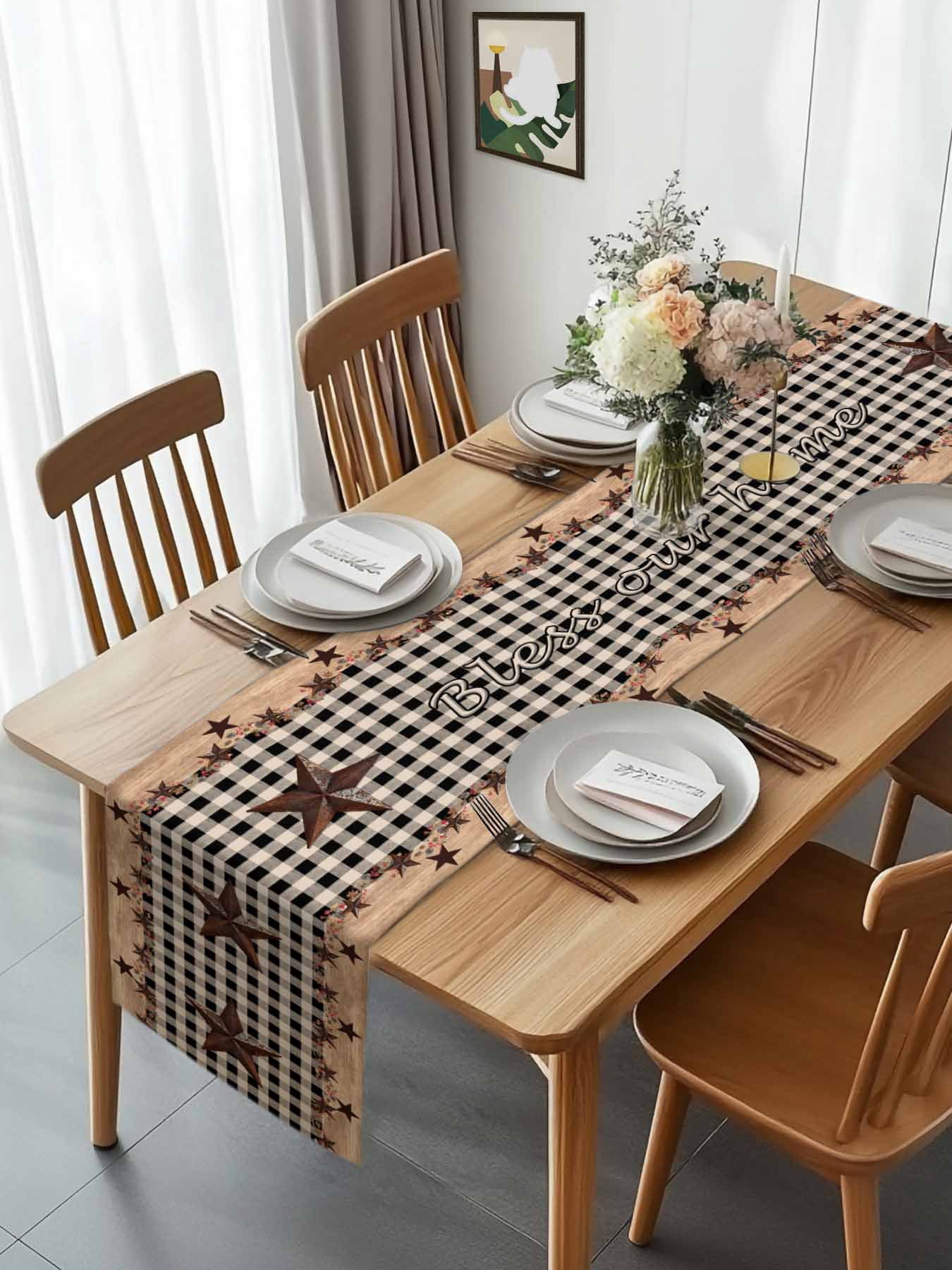 Independence Day Western Star on Wood Table Runner 90 Inches Long, Black Plaid Table Runners Tabletop Scarf Kitchen Dining Tables Decoration for Home Party Indoor Outdoor