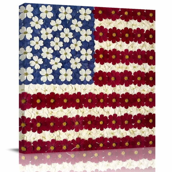 Independence Day White Red Flower Canvas Artwork Painting Art, Daisy Floral USA Flag Square Framed Wall Decorations Prints Picture for Bedroom Kitchen Living Room, 8x8 in