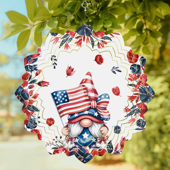 Independence Day Wind Spinner for Garden Yard 10In, Gnome Red Blue Navy Flower U.S. Flag 3D Stainless Steel Kinetic Hanging Wind Spinners Rustproof Outdoor Decor for Lawn Patio Home