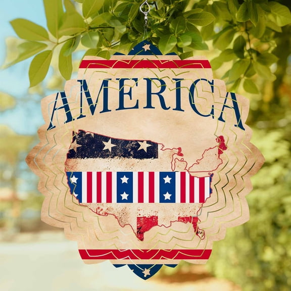 Independence Day Wind Spinner for Garden Yard 8In, American Flag Retro Map Brown Background Red Stripes 3D Stainless Steel Kinetic Hanging Wind Spinners Rustproof Outdoor Decor for Lawn Patio Home