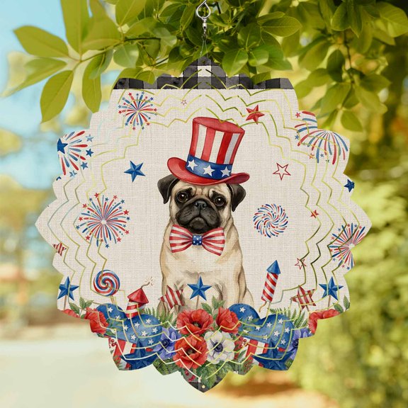 Independence Day Wind Spinner for Garden Yard 8In, Cartoon Pug Dog Colorful Poppy Linen Texture 3D Stainless Steel Kinetic Hanging Wind Spinners Rustproof Outdoor Decor for Lawn Patio Home