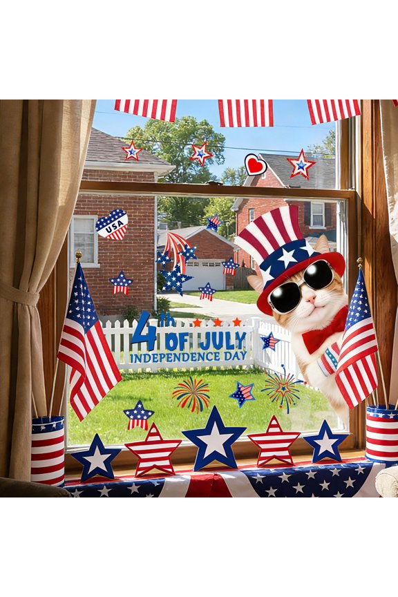 Independence Day Window Clings Decorations, PVC Static Window Decals Stickers, Pre-Cut Reusable No-Residue, Weather-Resistant Patriotic Glass Decor for Home Office Front Door Indoor Outdoor