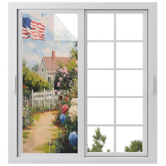 Independence Day Window Privacy Film, Cottage Garden Path Fence Farmhouse Frosted Glass Window Clings Static Cling UV Heat Blocking Reusable Door Sticker for Bathroom 23.6 x 59 Inch