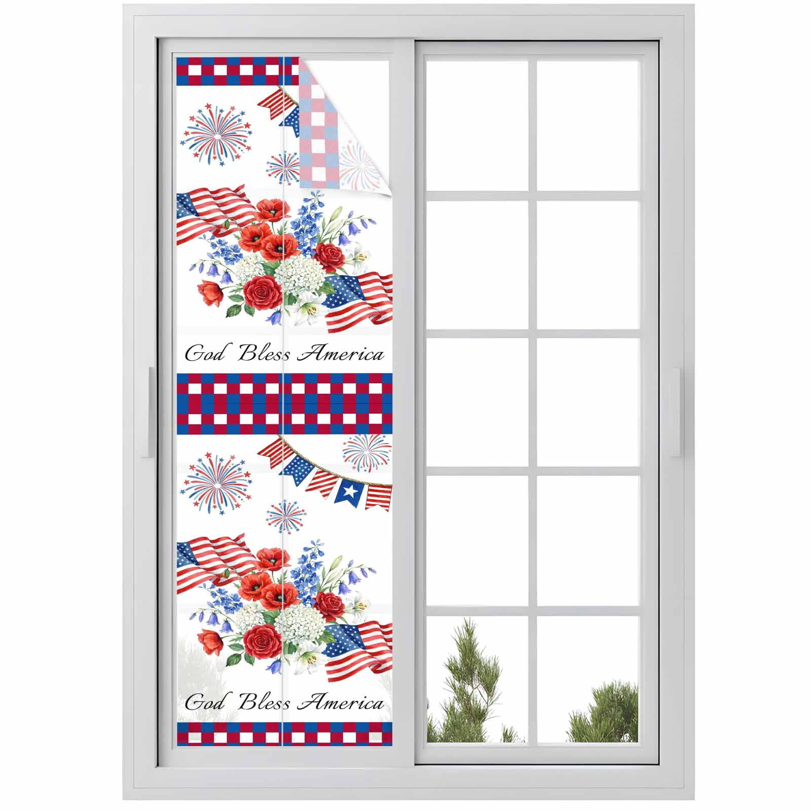 Independence Day Window Privacy Film, Red Blue USA Flag Floral Fireworks Frosted Glass Window Clings Static Cling UV Heat Blocking Reusable Door Sticker for Bathroom 23.6 x 78.7 Inch