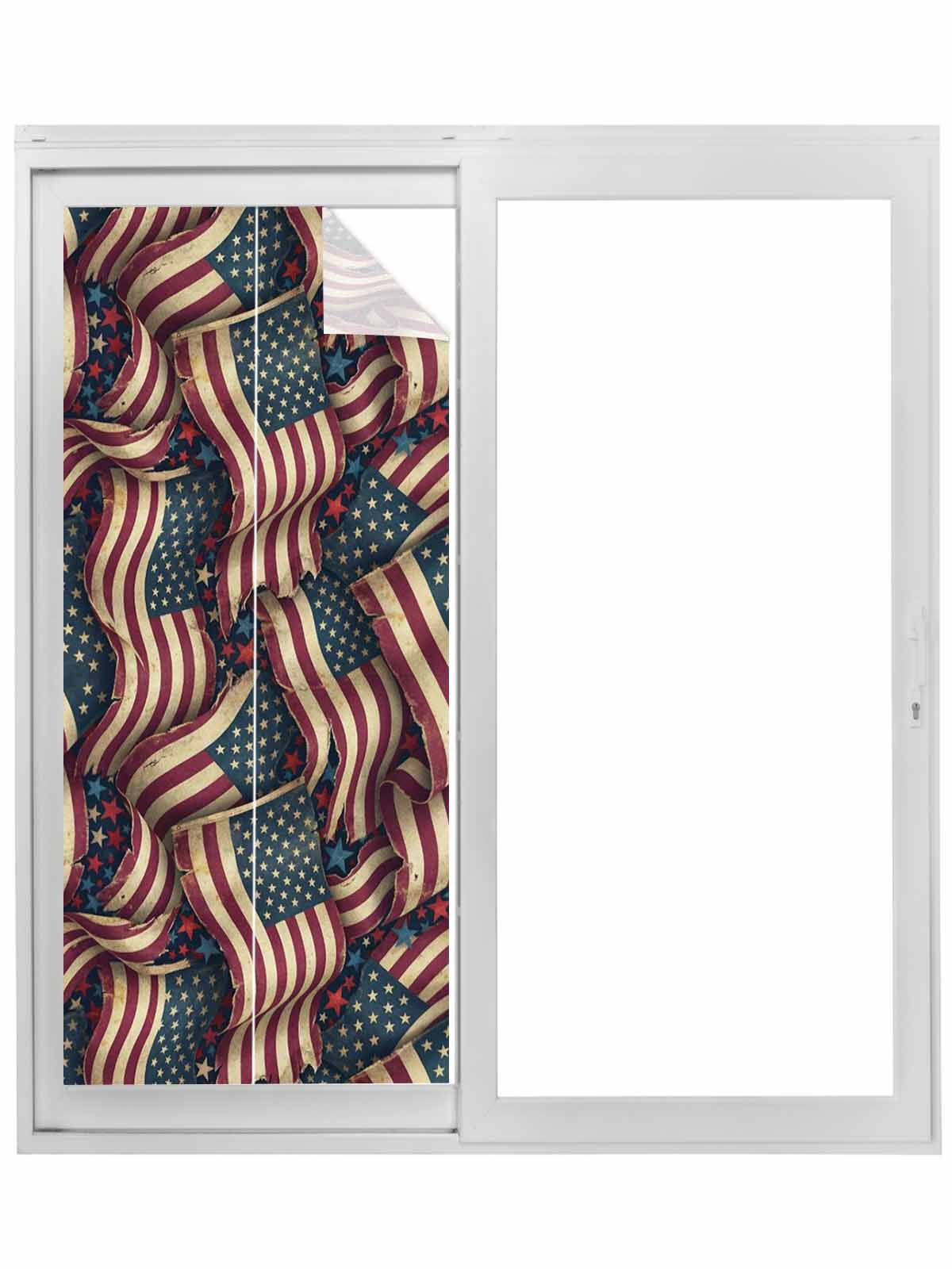 Independence Day Window Privacy Film, Red Blue USA Flag Retro Patriotic Stars Stripes Static Cling UV Sun Blocking Tint Film Heat Control Windows Films for Bedroom Bathroom, Window Stickers 23.6"x59"