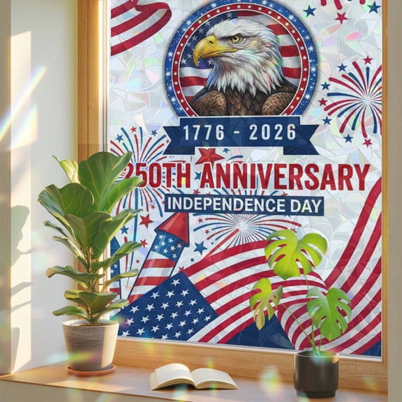 Independence Day Window Privacy Film, U. S. Flag Cartoon Firework Bald Eagle Face Stained Glass Rainbow Film Decorative Window Clings, Static Cling Sun Blocking Stickers 23.6" x 78.7"