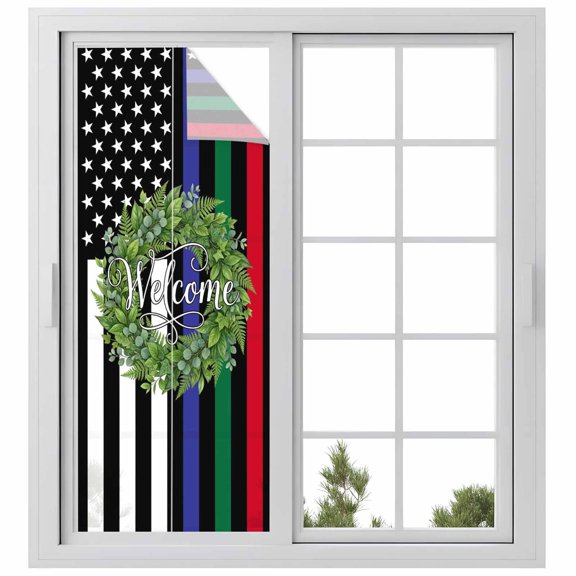 Independence Day Window Privacy Film, US Flag Day Patriotic Weclome Wreath Red Black Stripes Frosted Glass Window Clings Static Cling UV Heat Blocking Door Sticker for Bathroom 29.5x78.7 Inch