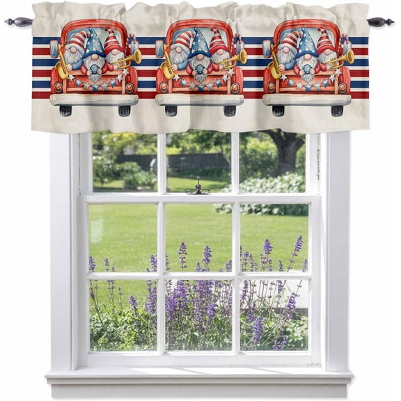 Independence Day Window Valance Curtain with America Trucks Gnomes Linen Texture Print, Rod Pocket Design, Decorative Curtains for Home Kitchen Living Room Bathroom Bedroom 42" W x 18" L