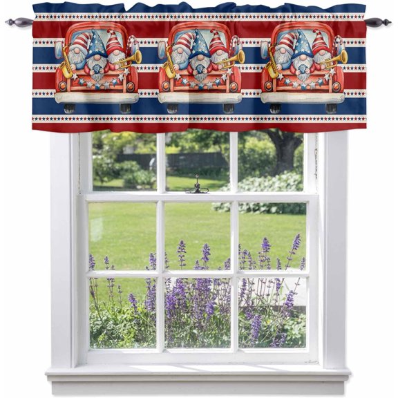 Independence Day Window Valance Curtain with Retro America Trucks Gnomes Blue Red Stripes Print, Rod Pocket Design, Decorative Curtains for Home Kitchen Living Room Bedroom 42" W x 12" L