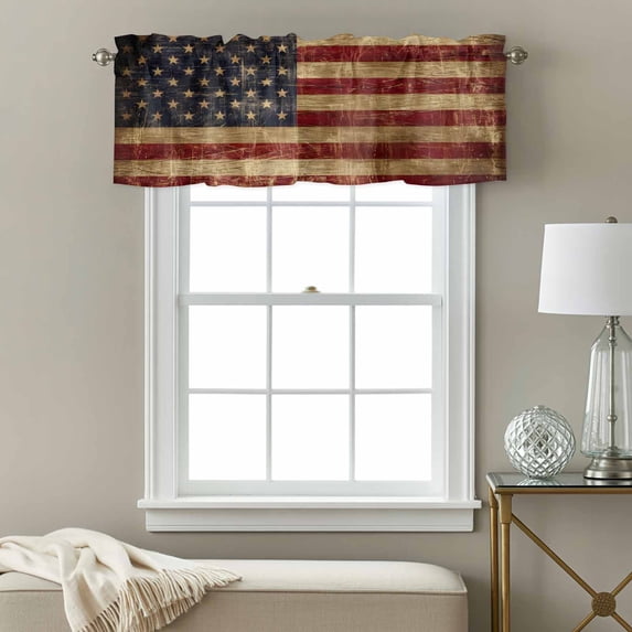 Independence Day Window Valance for Kitchen, Vintage American Flag Rod Pocket Short Curtain for Small Windows, Light Filtering Decorative Valance, 54 x 18 Inch, 1 Panel