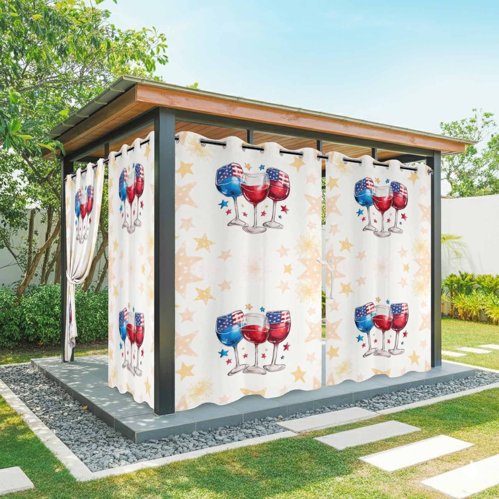 Independence Day Wine Outdoor Curtains for Patio, American Flag Red Blue Star Yellow Firework Sunshade Privacy Drapes Grommet Waterproof Outside Curtains for Porch/Cabana/Balcony 54"x 108", 1 Panel