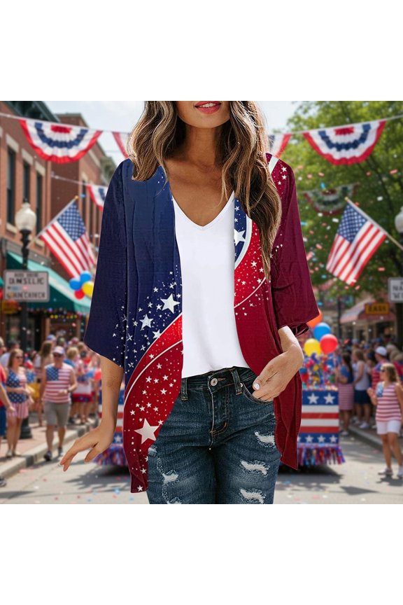 Independence Day Women's Cardigan Sheer Chiffon 3/4 Sleeve Casual Loose Kimonoes USA Stripes Flag Patriotic Blouses Loose Fits Print Resort Wear Beach Cover Ups XXL