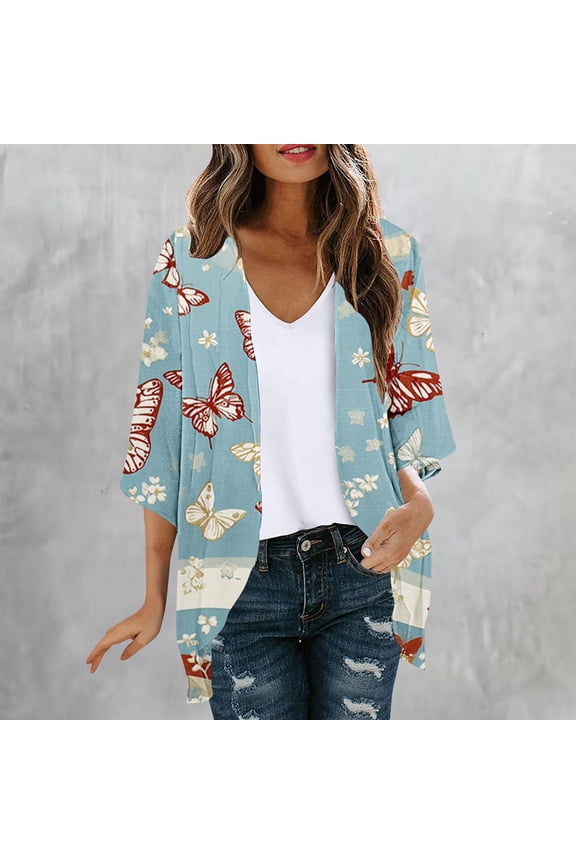 Independence Day Women's Chic Long Sleeve Printed Cardigan Jacket Spring Summer Wear Multicolor XL