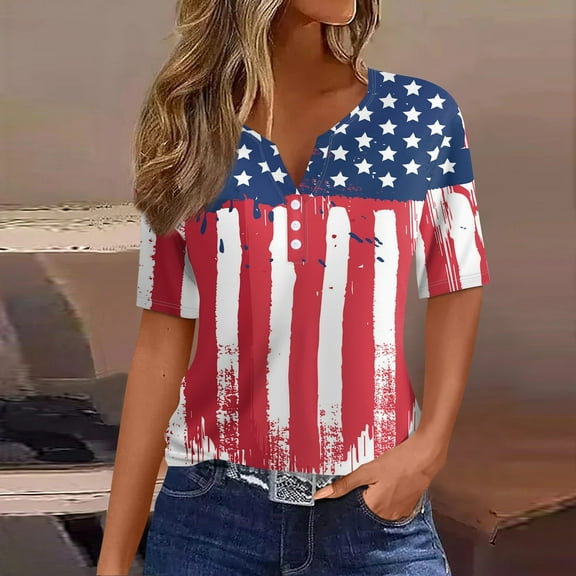 Independence Day Women's Patriotic American Flag Print V-Neck Short Sleeve Casual T-Shirt Top for Independence Day Celebration