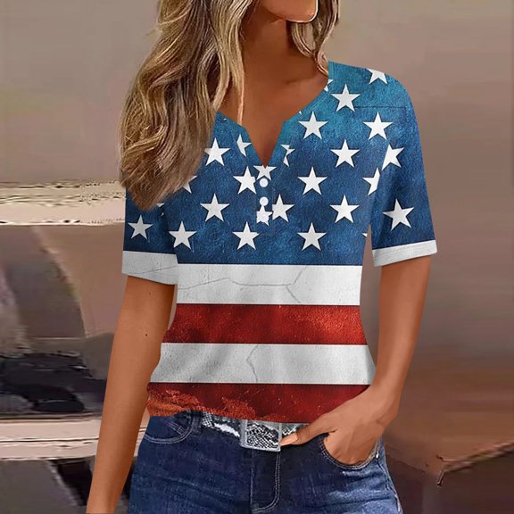 Independence Day Women's Patriotic American Flag Print V-Neck Short Sleeve Casual T-Shirt Top for Independence Day Celebration