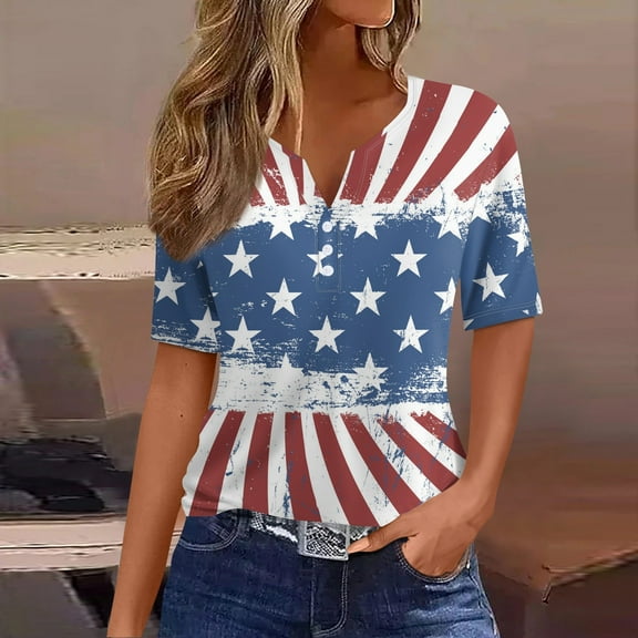 Independence Day Women's Patriotic American Flag Print V-Neck Short Sleeve Casual T-Shirt Top for Independence Day Celebration